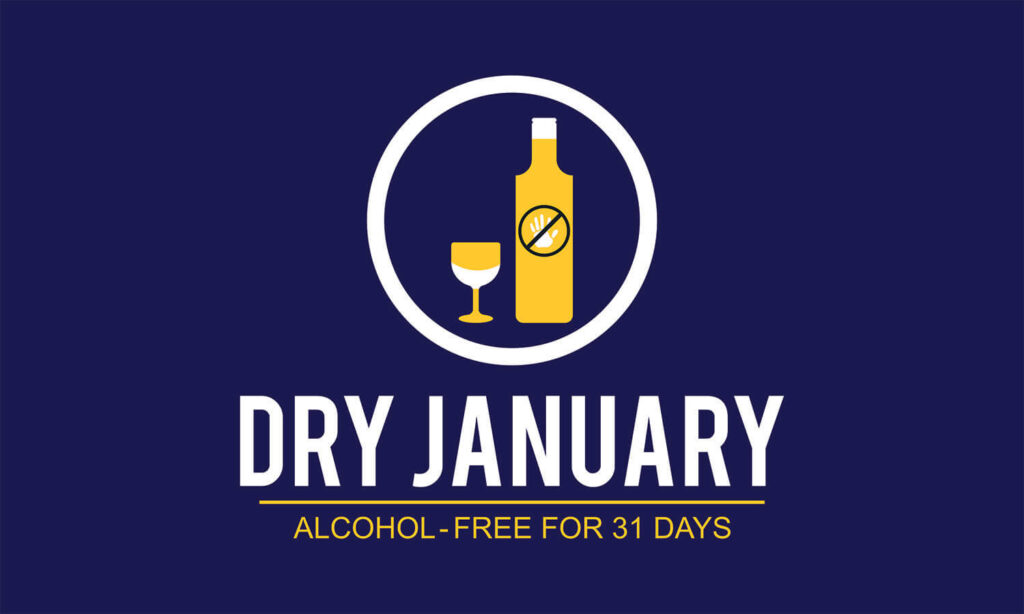 Dry January alcohol-free for 31 days graphic with bottle and glass