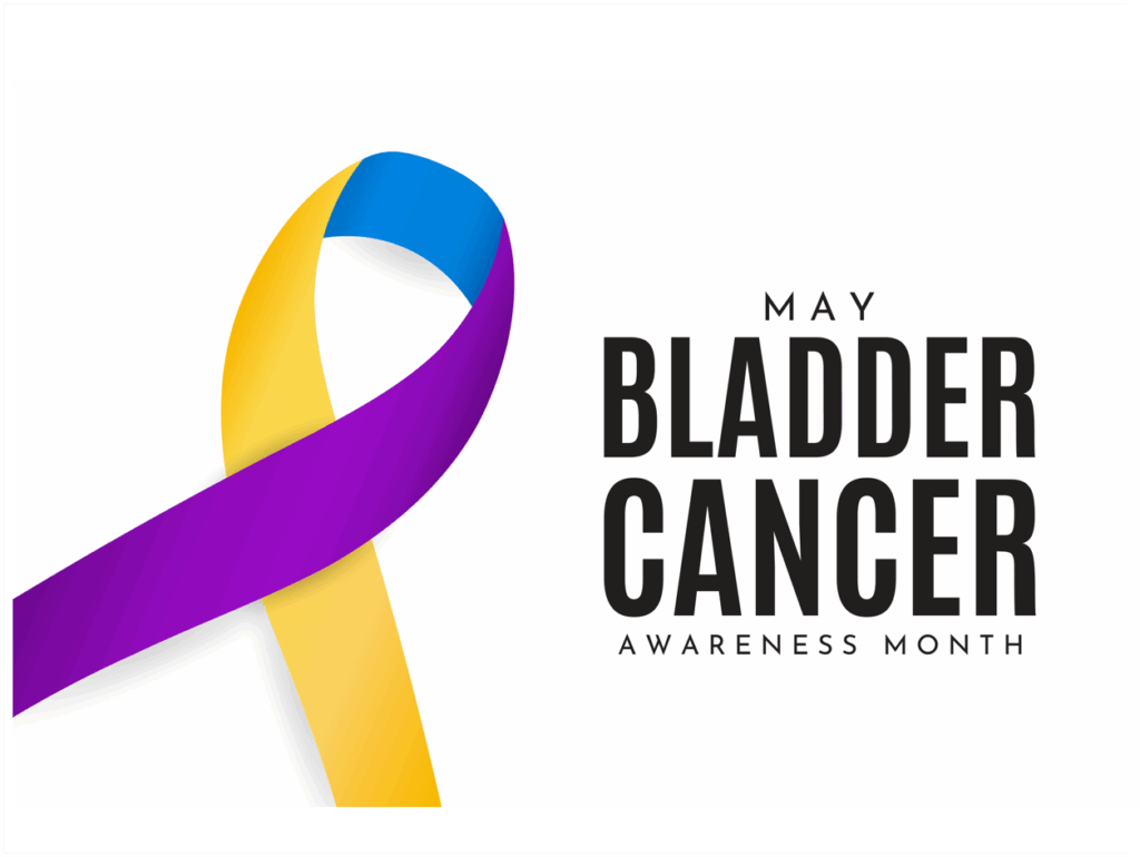 May Bladder Cancer Awareness Month yellow, purple, and blue ribbon