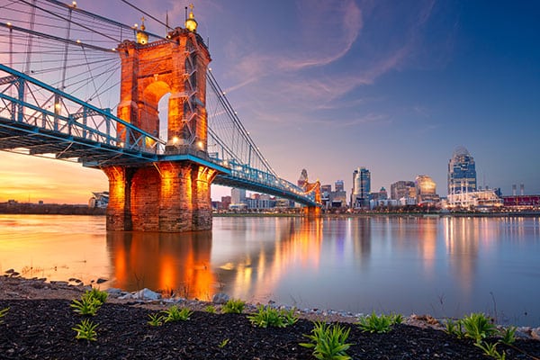 Cincinnati skyline and Roebling Suspension Bridge at sunset
